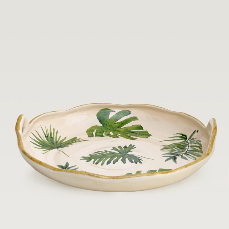 Travessa Redonda Com Alça Folhas Verdes